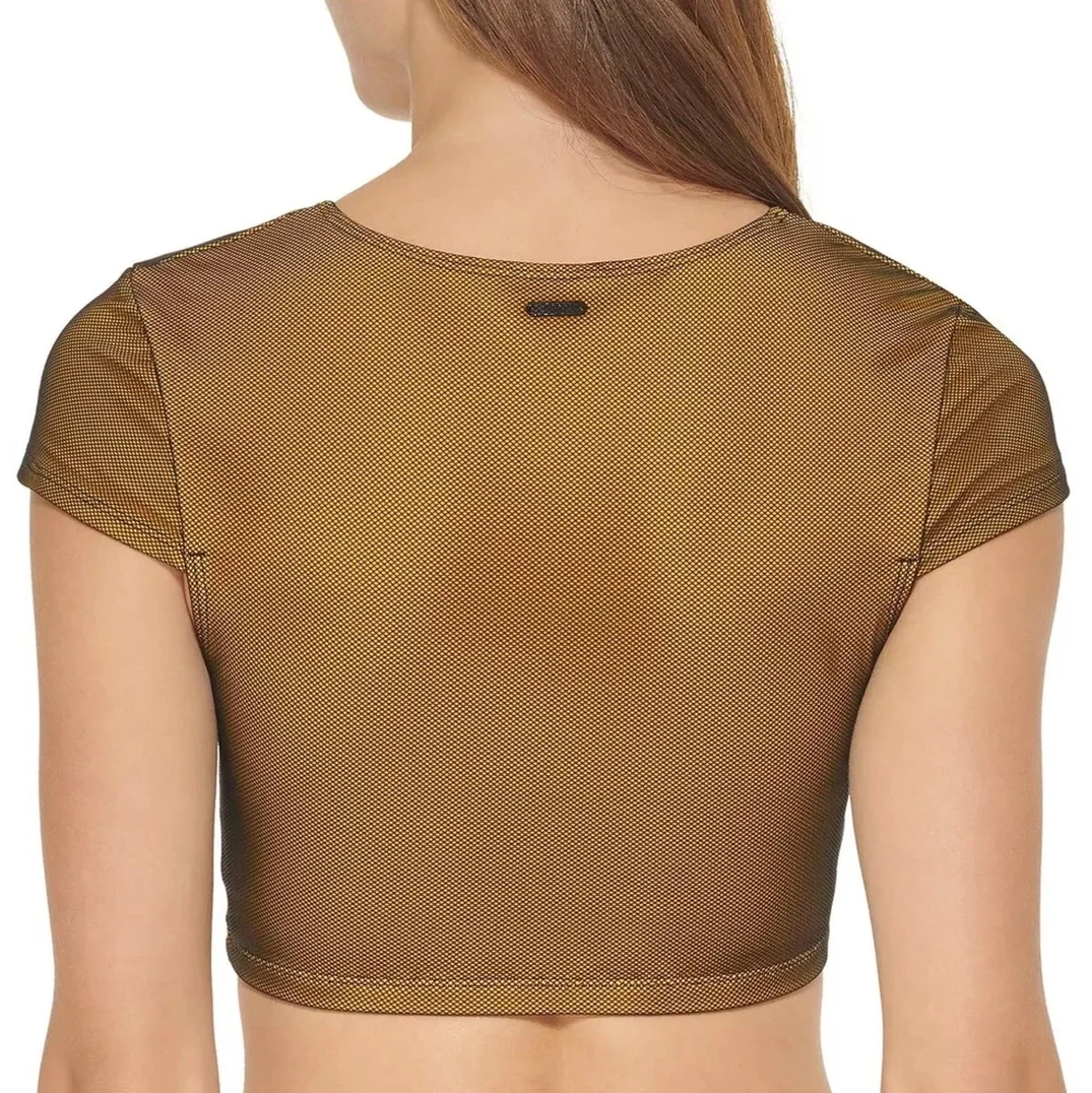 DKNY Cropped Mesh Overlay Bikini Swim Top Cumin Yellow Medium NWT